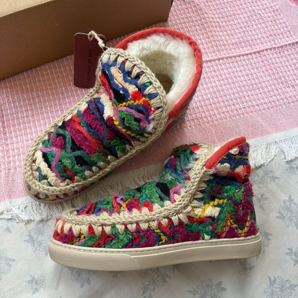 Mou Ethnic Style Colorful Patchwork Fleece-Lined Ankle Boots